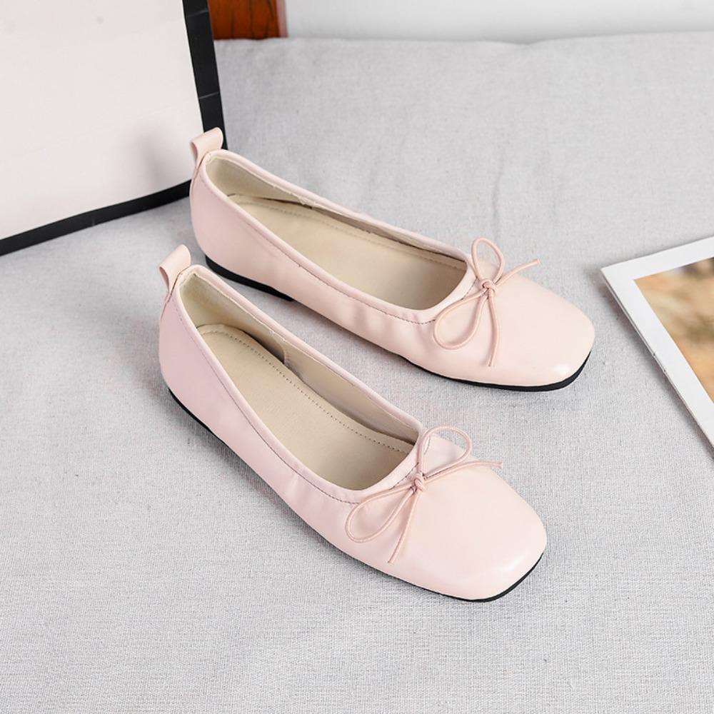 Flat Shoes Women Plus Size 44 Spring Square Head Shallow Mouth Single Shoes Flat Sole Versatile Soft Sole Bow Women's Shoes