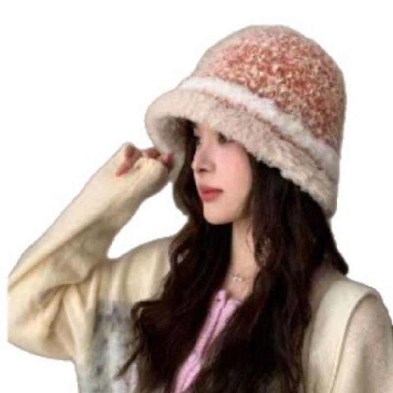 Mixed Color Plush Fisherman Hat for Women Warm Ear Protection  Face Friendly Small Basin Hat  Versatile Striped Knitted Bucket Hat