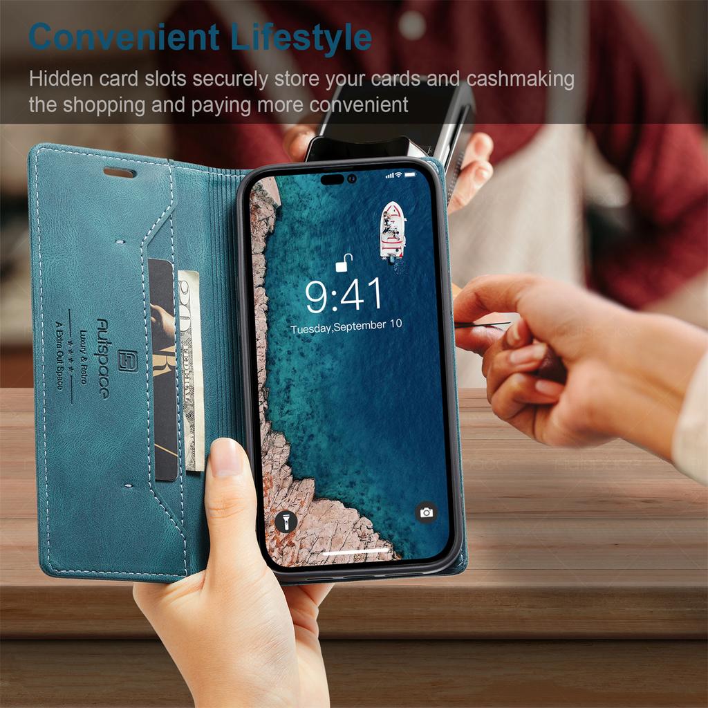 For iPhone 14 Pro Vintage Leather Flip Wallet Case with RFID Blocking Card Slot, Matte Retro Folio Cover for Women Men (4 Colors)