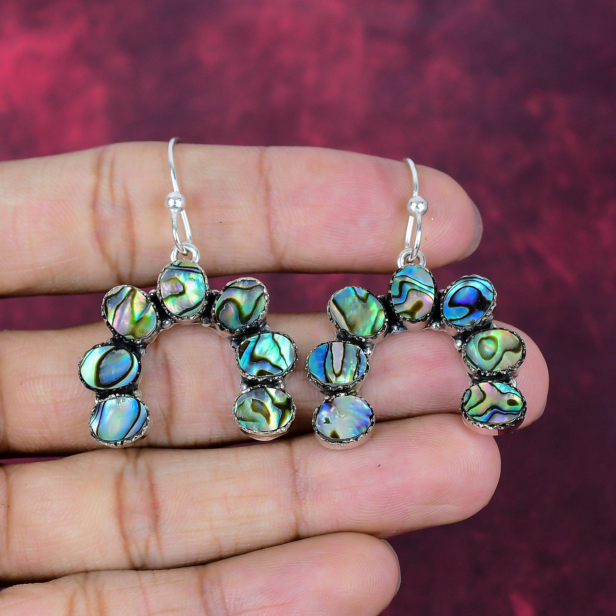 

Abalone Shell Handmade Gemstone Jewelry, 925 Solid Sterling Silver Earrings Antique Jewelry 1.85 Inches