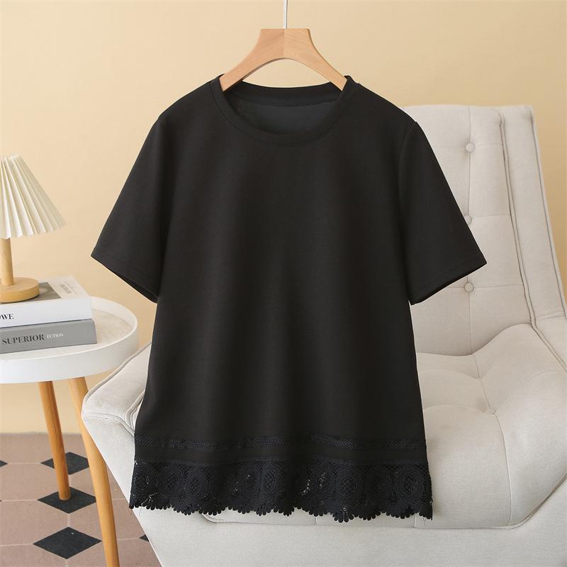 

Plus Size Women s Round Neck Lace Hem Cotton T-Shirt - Short Sleeve Summer Top 2026 4XL