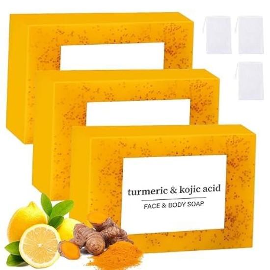 Turmeric & Kojic Acid Face & Body Soap, 3 Pack, Natural Ingredients with Lemon