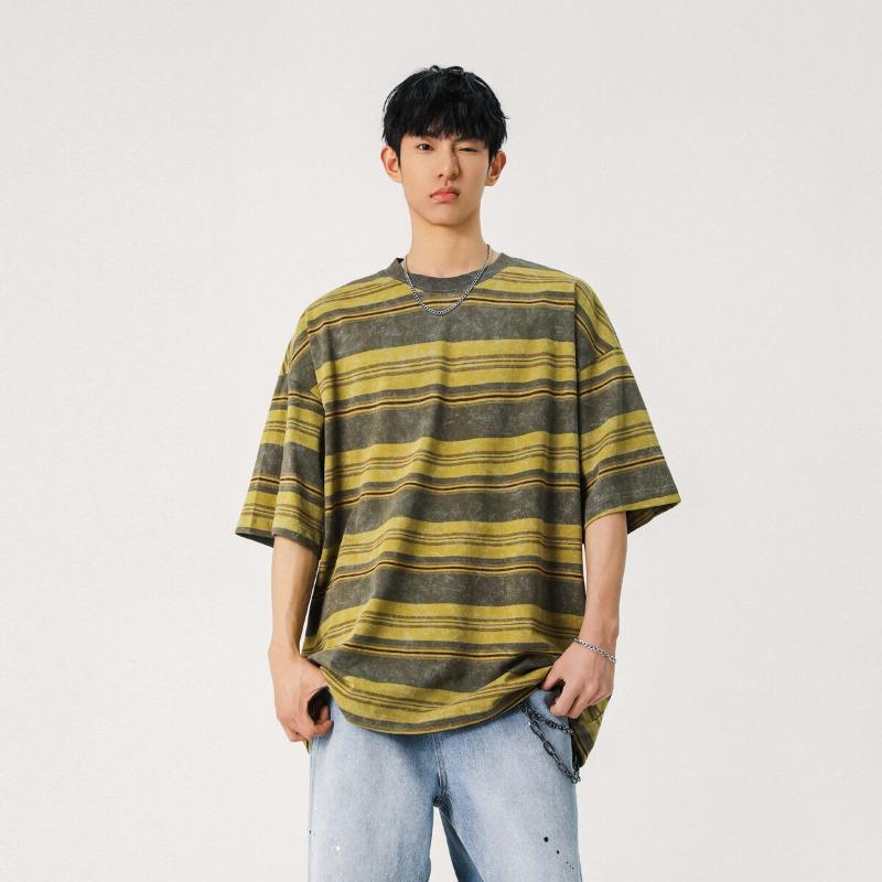 Herren Gestreiftes Lockeres Rundhals Casual Kurzarm T-Shirt
