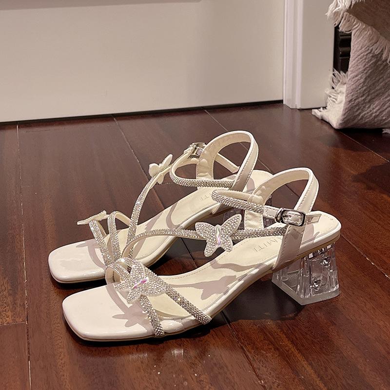 

Французские босоножки на высоком каблуке в сказочном стиле с бантом из страз, женская летняя модная красивая серебристая модель на толстом каблуке 40 белый
