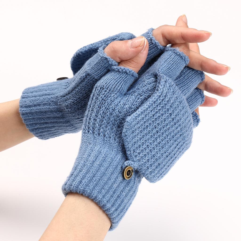 WTEMPO Solid Color Woolen Warm Flip Gloves Men's Women's Autumn Winter Half Finger Gloves Student Writing Exposed Finger Knitted Gloves