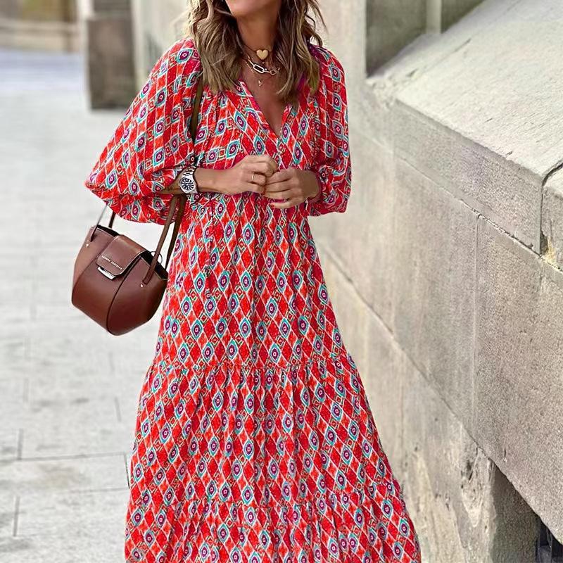 2022 Summer Trendy Geometric Puff Sleeve Dress, Plus Size Women's Fashion.