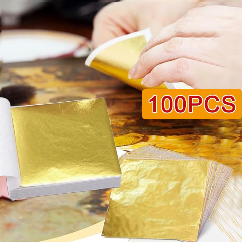 100 Sheets Aomily 9x9cm K Pure Practical Shiny Gold Leaf for Gilding Funiture Lines Wall Crafts Handicrafts Gilding Decoration