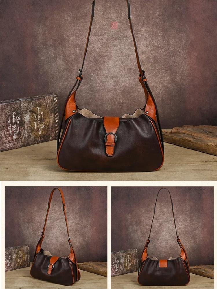 Johnature Genuine Leather Retro Women's Bag Solid Color Soft Cowhide Large Capacity Shoulder Crossbody Bag