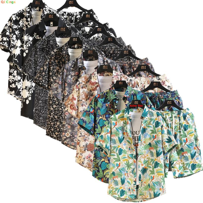 2026 Men's Cotton Beach Vacation Set, Shirt with Matching Drawstring Shorts, 11 Print Options Stylish Summer Suits, Asian Size