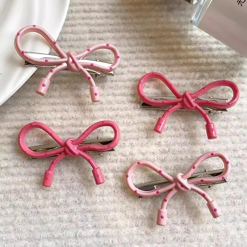 4Pcs Pink Bow Polka Dot Duckbill Hair Clips, sweet style for bangs and broken hair, daily hair accessories. 4pcs