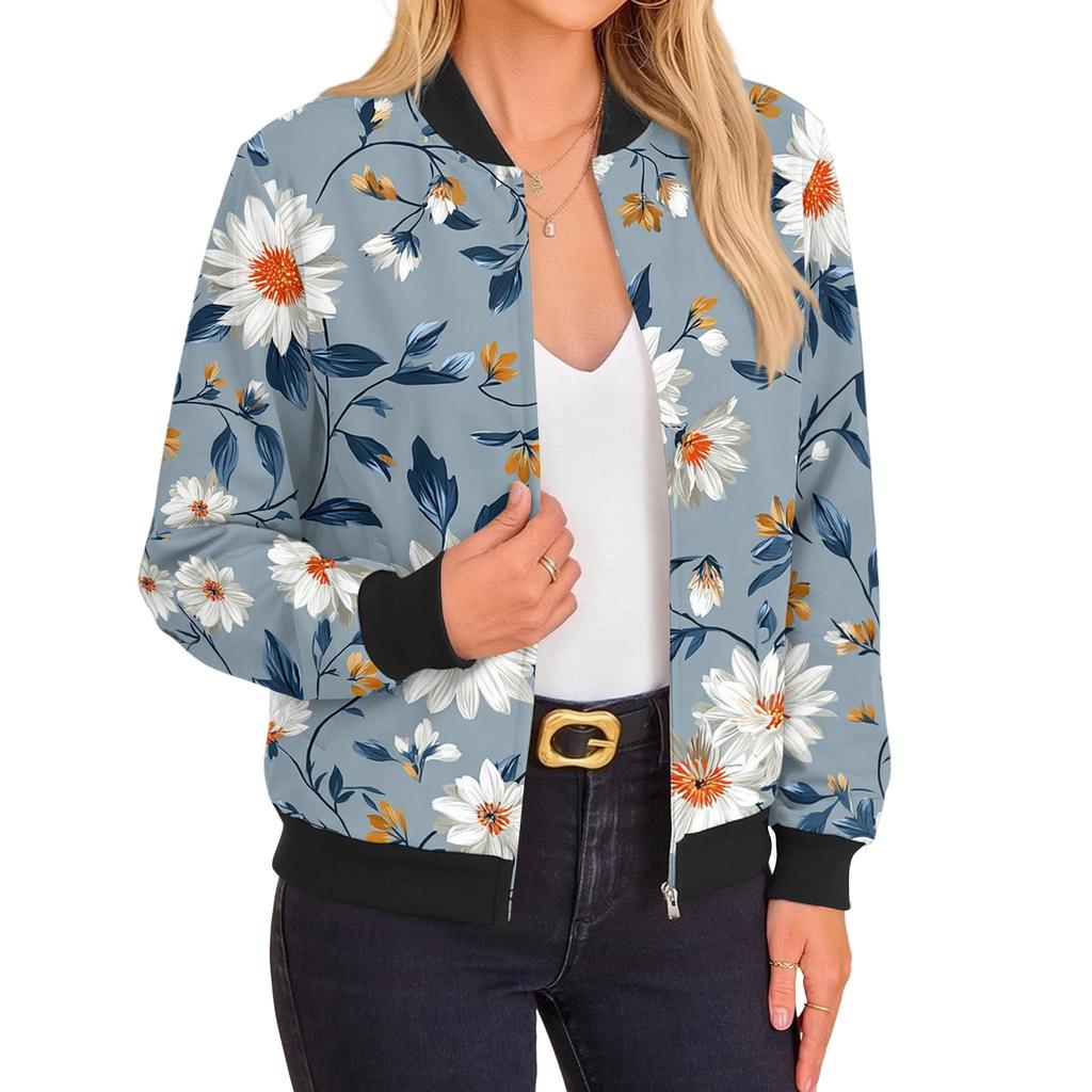 Damenmode Langarm Blumenprint Rundhals Reißverschluss Jacke