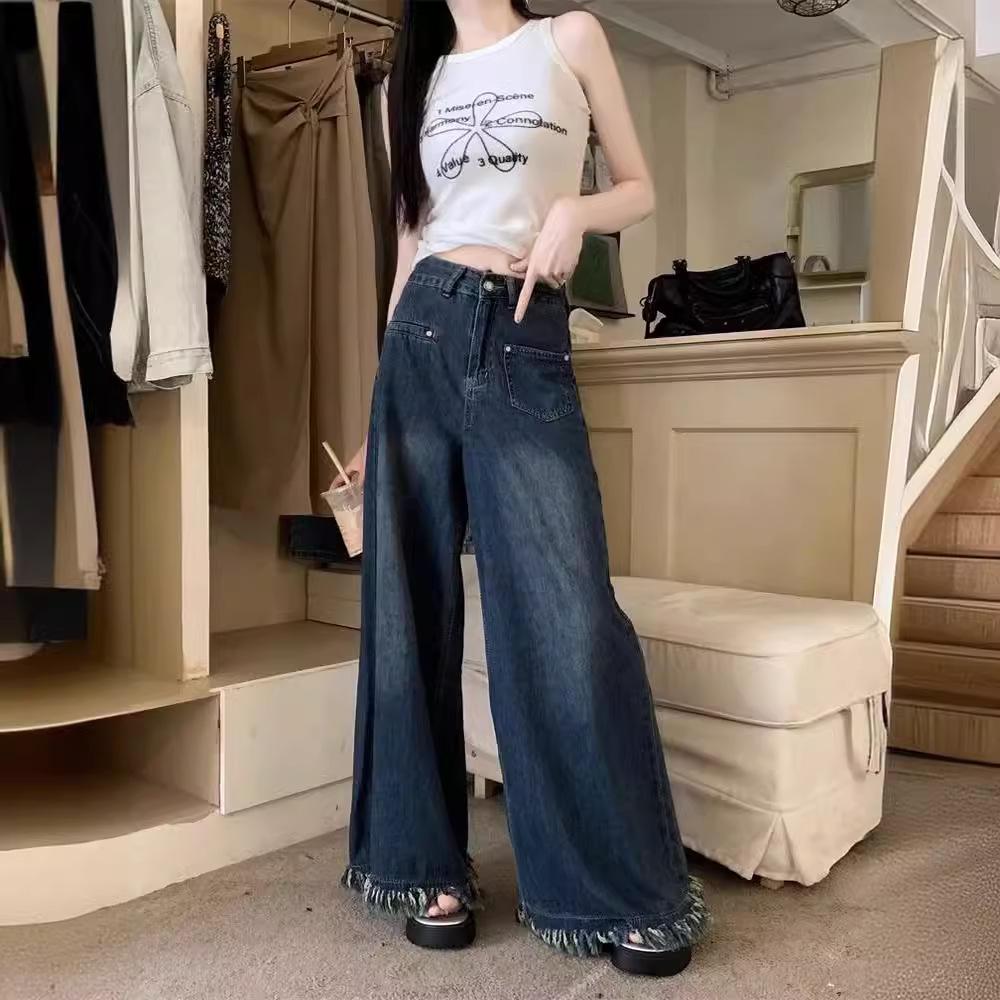 Summer 2024 Women's High-Waist Wide-Leg Retro Jeans with Raw Hem