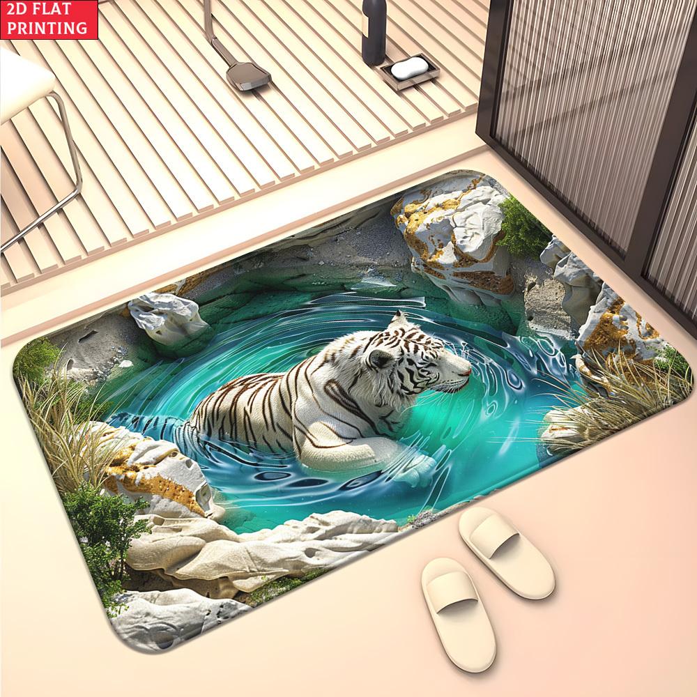 Illusion Pond Tiger 2D Flat Door Mat - Absorbent Washable Polyester Rug for Bedroom, Living Room Entrance & Bathroom Decor