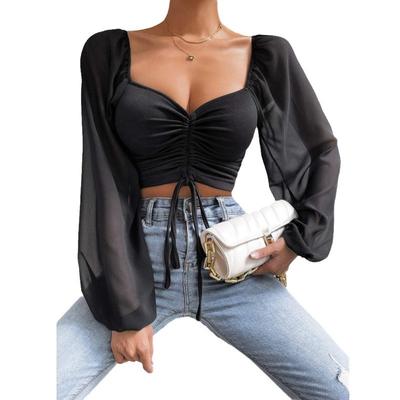 Summer Women's V-Neck Drawstring Lantern Sleeve Tight Fashion Sexy Blouse Top