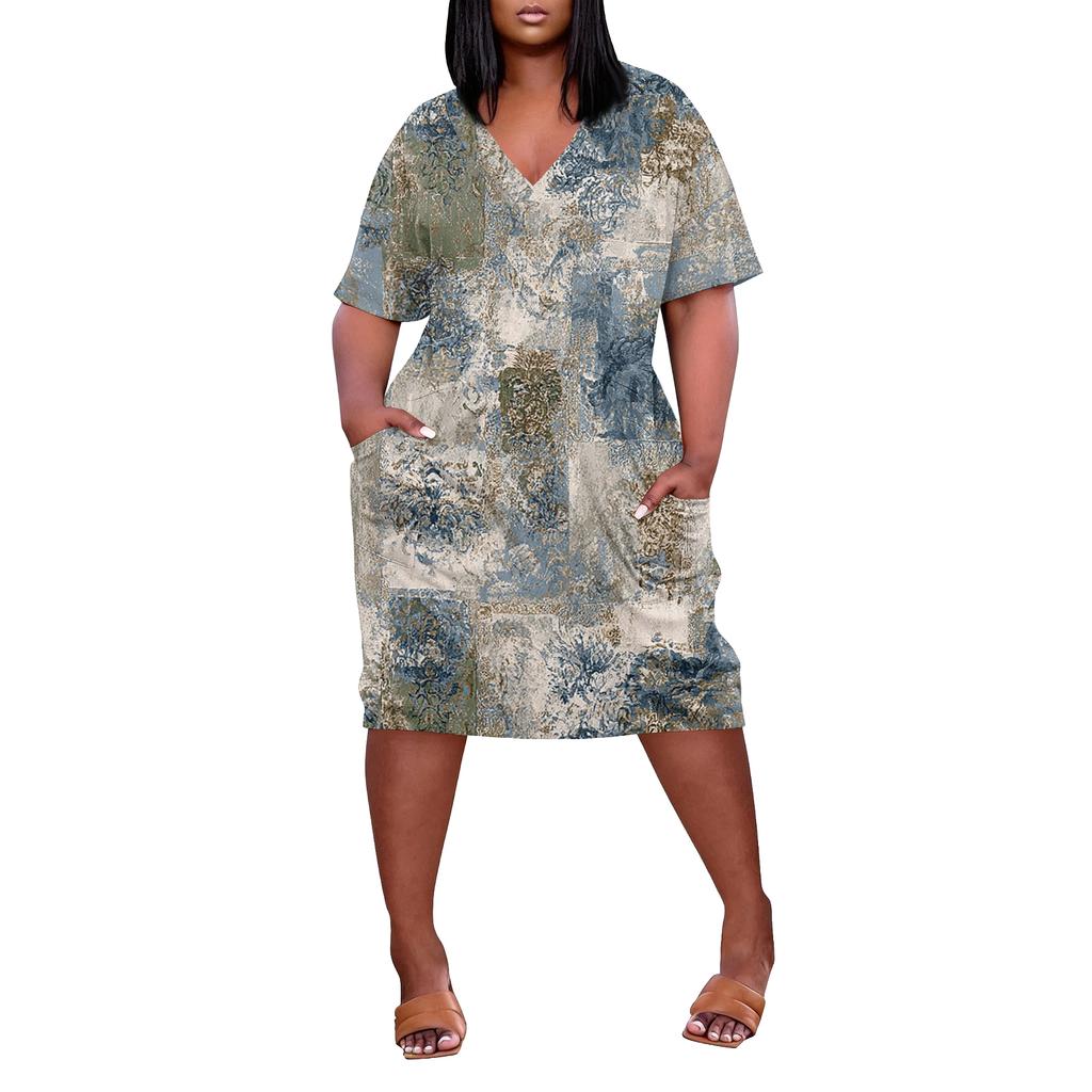 Letní nadměrné velikosti V výstřih krátký rukáv ke kolenům kapsa potisk ležérní šaty pro ženy