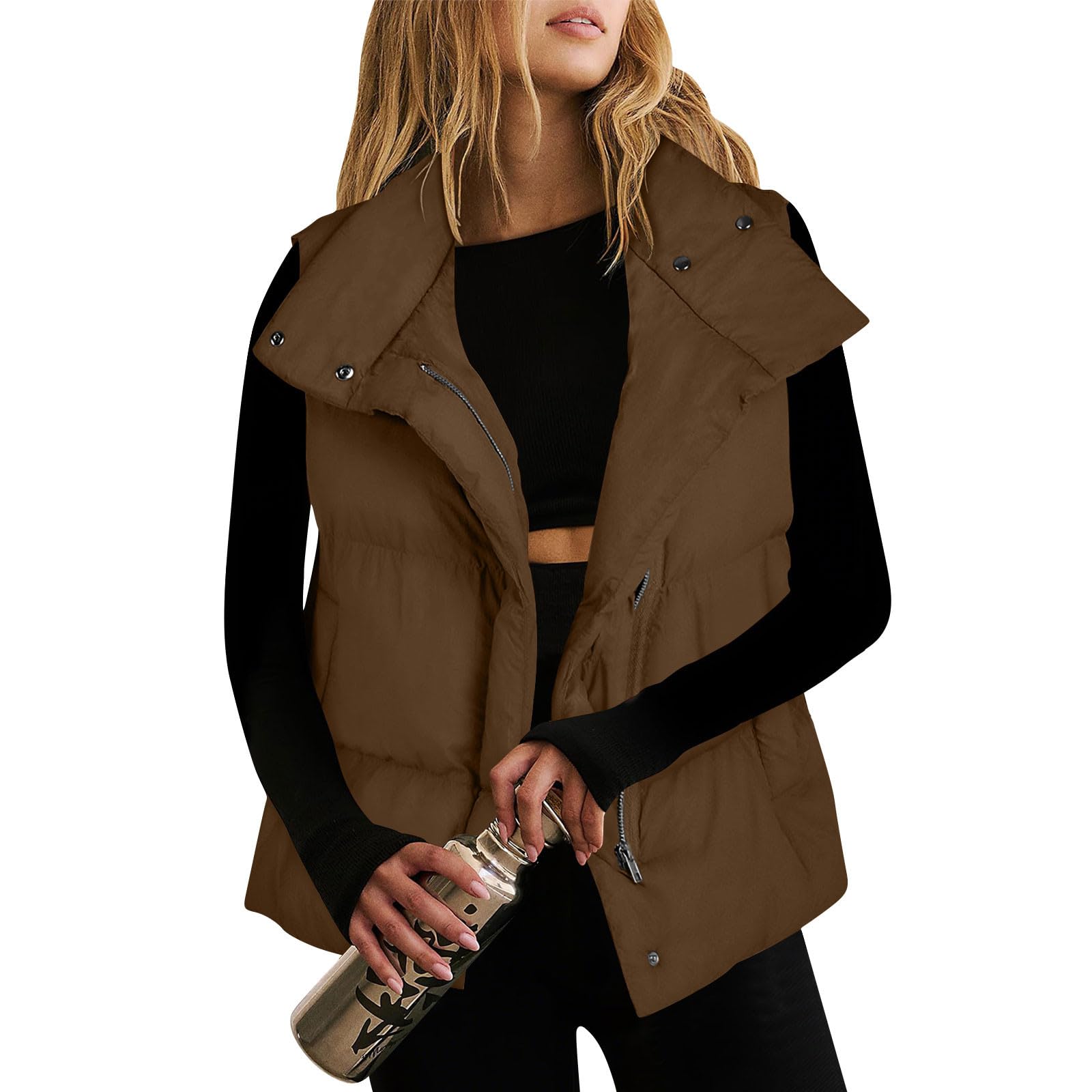 

Women Lightweight Stand Collar Sleeveless Winter Warm Zip Up Padded Outerwear Jackets With Pockets L кавовий