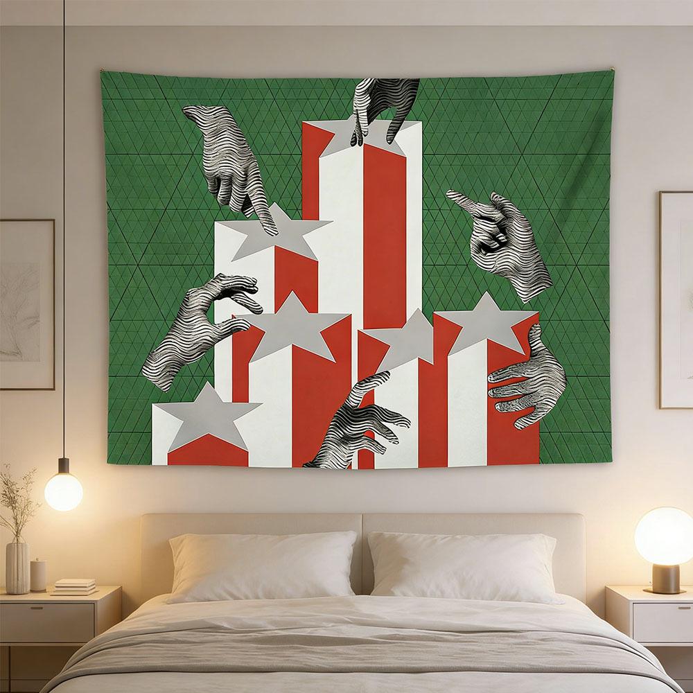 Surrealer Patriotischer Hände Wandteppich Moderner Kunstdruck Polyester Wandbehang für Wohnzimmer Abstrakt Sternen und Streifen Motiv Zuhause