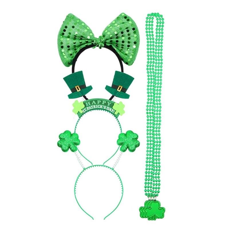 St Patricks Day Women Shamrock Headband with Bangles&Beads Necklace&Glasses Festival Costume for Cosplay Performances