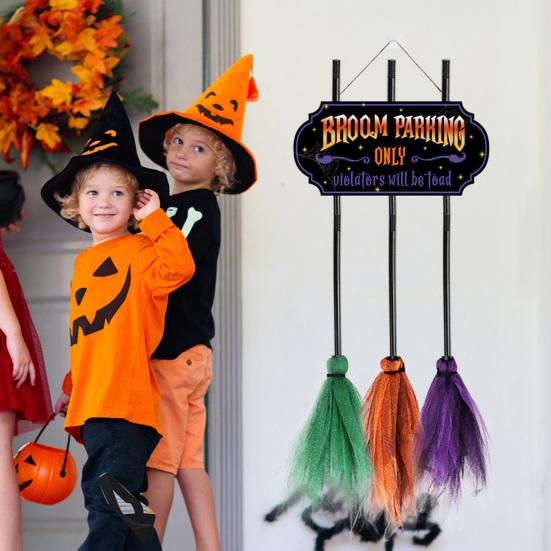 Halloween Broom Parking Sign with 3 Wooden Witch Brooms Solid Wood Hanging Decoration Halloween Decor Broom Parking Sign for Front Porch Wall