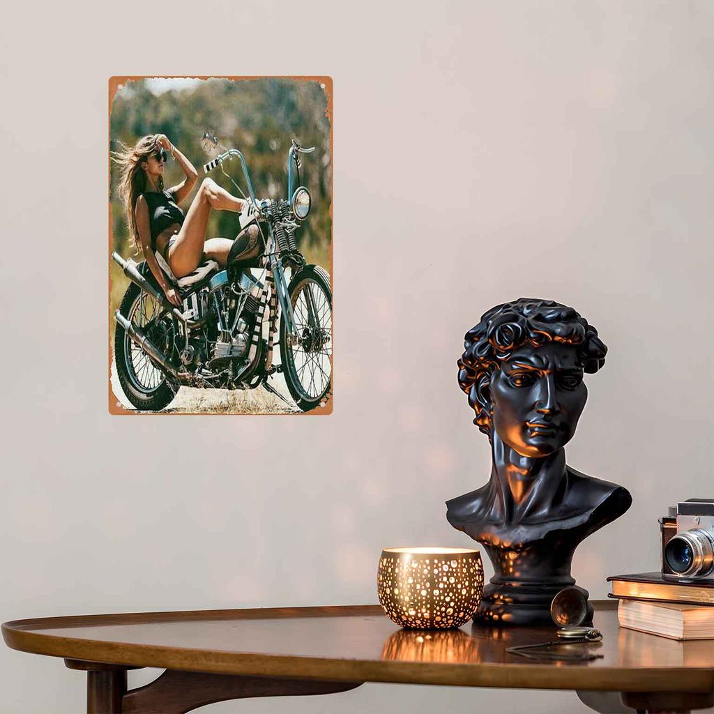 Sporty Girl in Gear Leaning on Her Bike Vintage Metal Wall Sign Decor