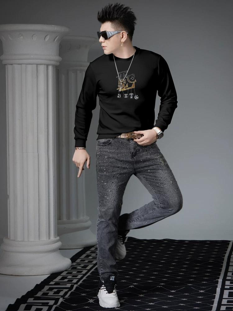 European-Style Round-Neck Sweatshirt for Men, Autumn 2025 New Trendy Brand Embroidered Sequin Long-Sleeve Base Shirt Men's Top