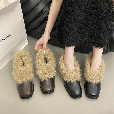 Low Heel Square Head To Keep Warm Winter Single Shoes Color Matching Winter Plush Sleeve Plush Casual Korean Version Internet Celebrity Tide To