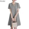ZANZEA Women Casual V-neck Summer Grid Print Short Sleeve Dress