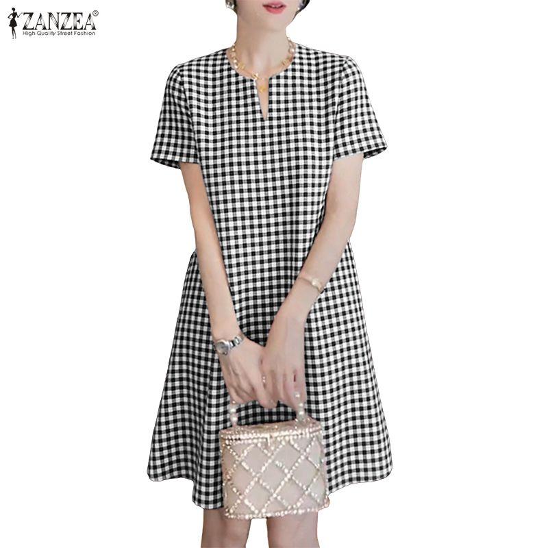 ZANZEA Women Casual V-neck Summer Grid Print Short Sleeve Dress