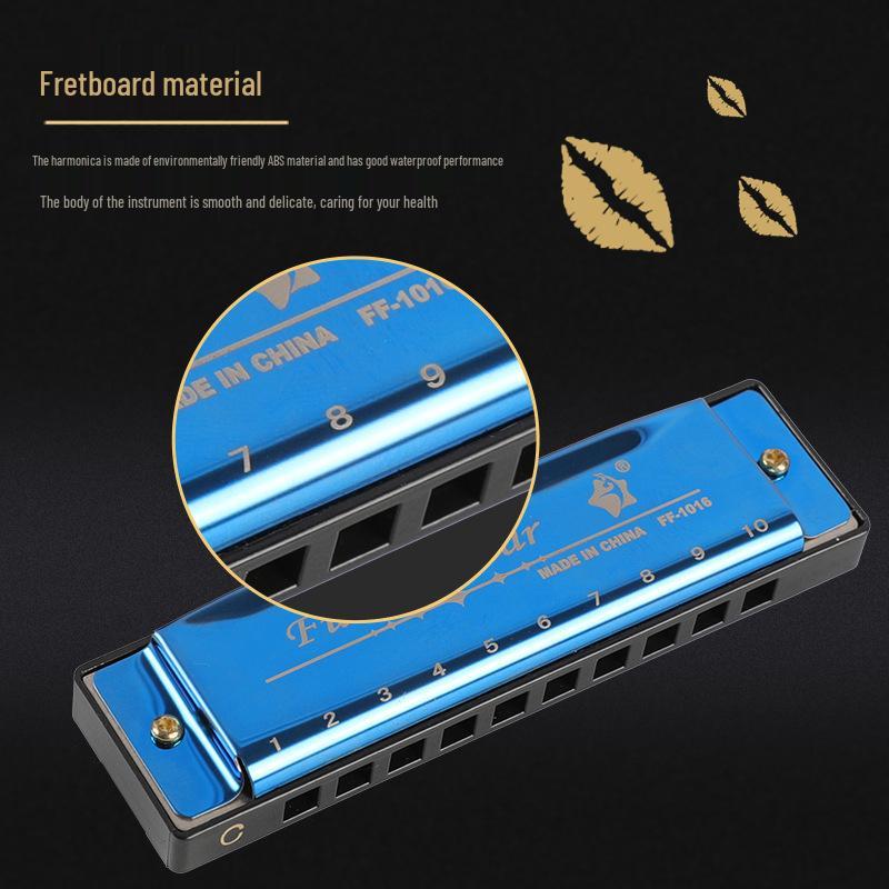 Four-Color Beginner 10-Hole Blues Harmonica in ABS Box