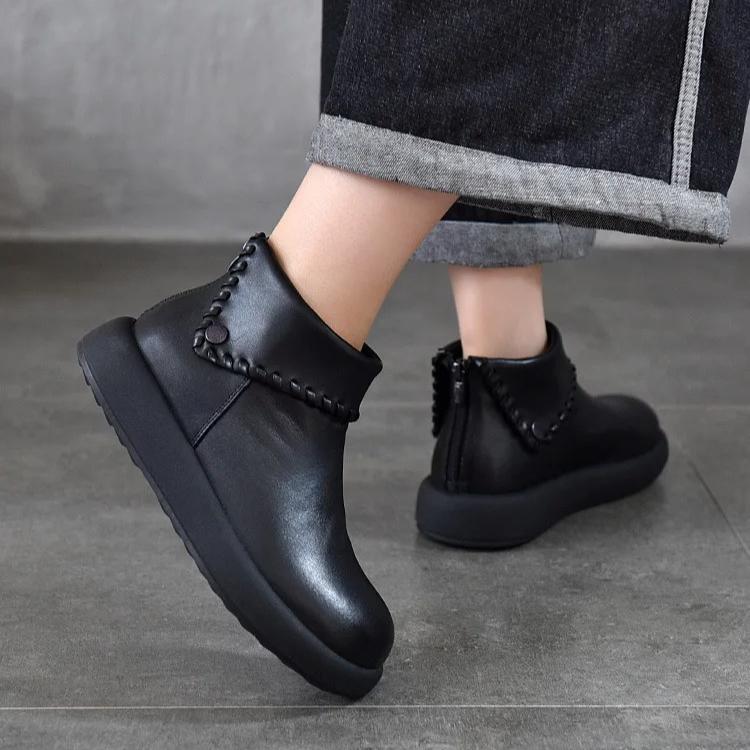 Johnature Turned-over Edge Plush Warm Cotton Shoes Genuine Leather Anti Slip Women's Ankle Boots