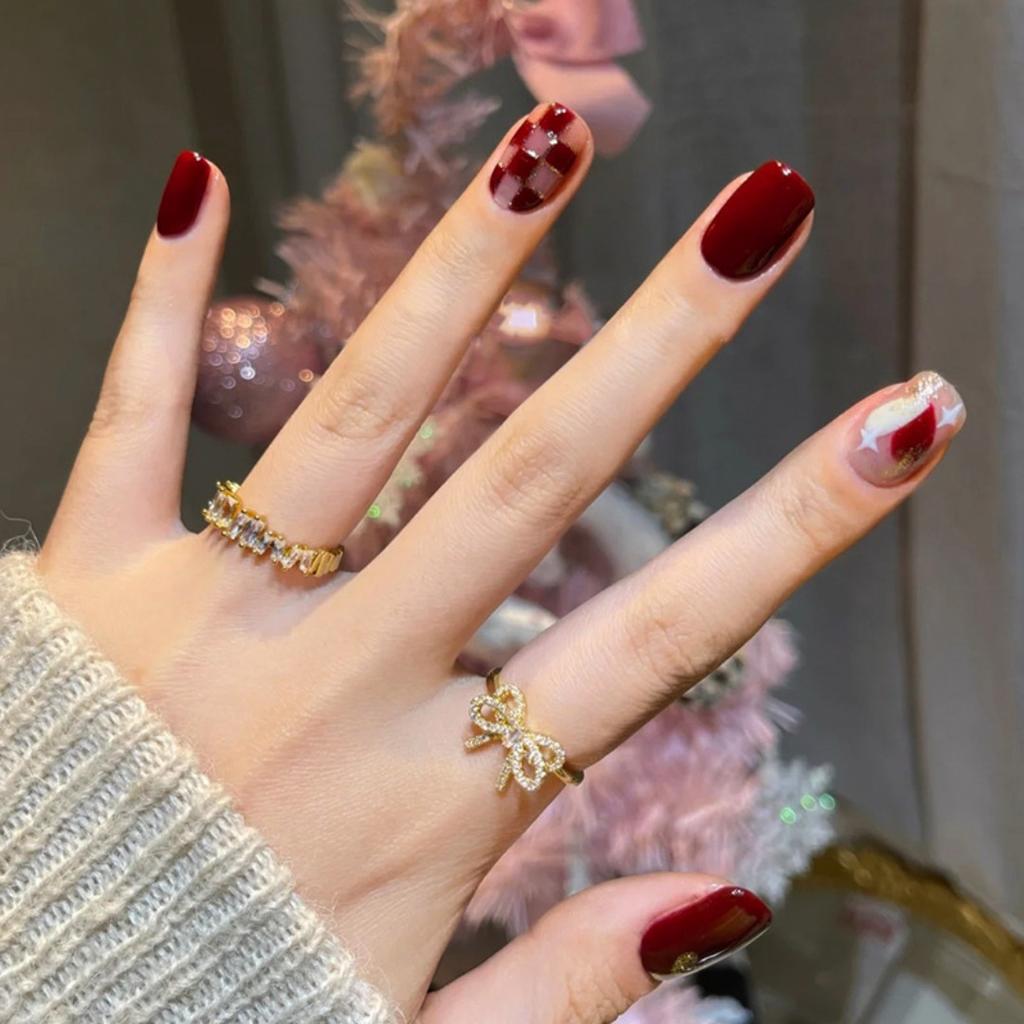 24Pcs Red Sweetheart White Checkerboard Press On Nails Removable Fake Nail Tips Art Acrylic Manicure