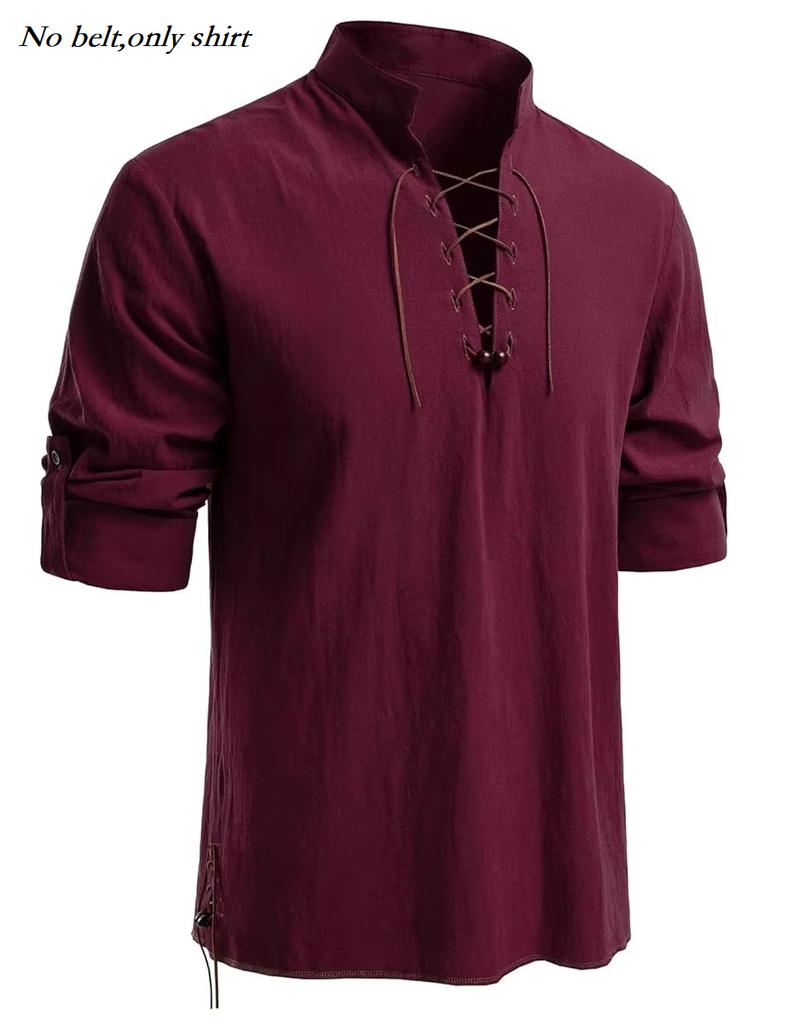 Runcati Mens Medieval Pirate Shirt Cotton Retro Lace Up Renaissance Shirts Viking Long Sleeve Halloween Costume Tops
