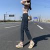 Jeans da donna a vita alta blu-grigio dritti a sigaretta, taglia grande, slim-fit, elasticizzati, lunghezza alla caviglia