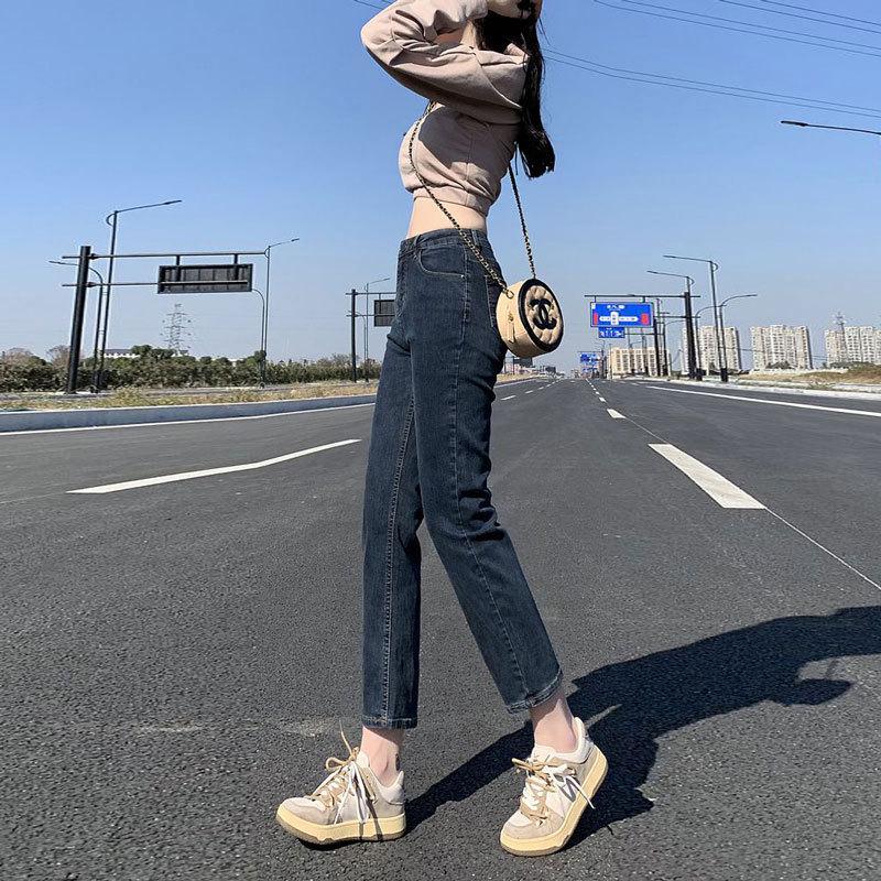 Jeans da donna a vita alta blu-grigio dritti a sigaretta, taglia grande, slim-fit, elasticizzati, lunghezza alla caviglia