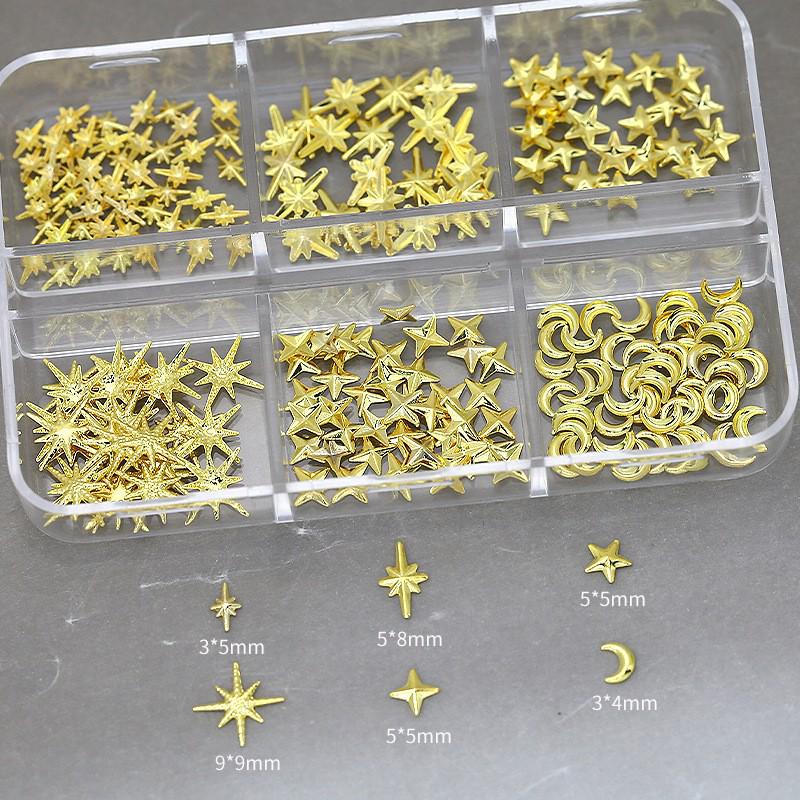 Starry Nail Art Set: Moon, Cross & Star Metal Rivet Decorations In 6-Grid Box