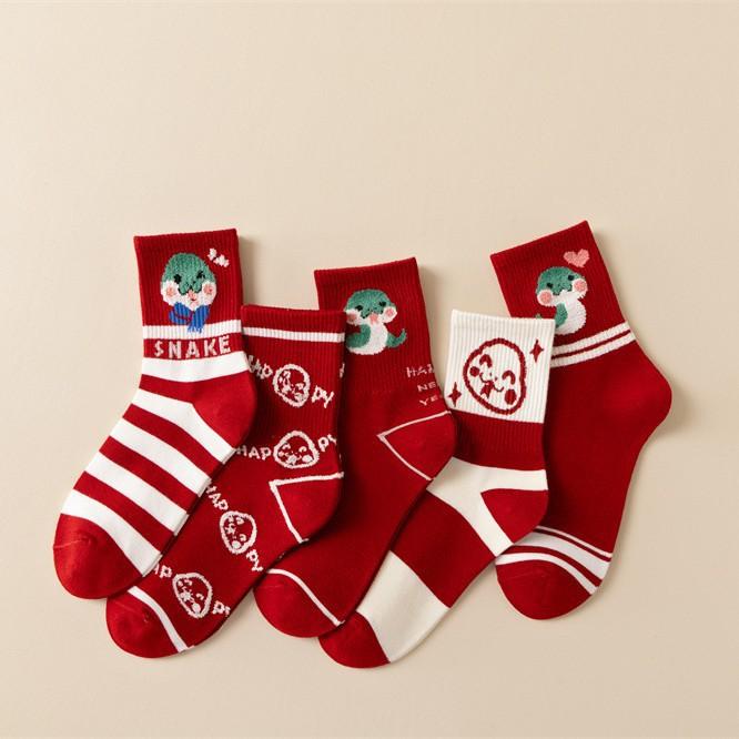 Cute Cartoon Snake Year Big Red New Year Socks Women'S College Style High Rubber Band Women'S Cotton Socks Medium Tube Lucky Socks