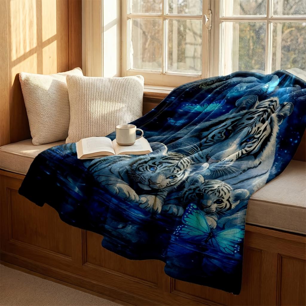 Adorable Tiger Family Starry Night Blue Blanket Throw Plush Fleece Throw Cozy Gift for Sofa Bed Decor
