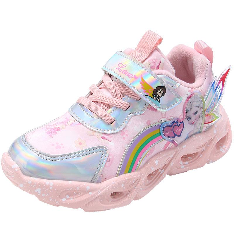 Mädchen mit Leucht-Sneakern 2025 Frühling und Herbst neue Mesh-Leder kleine Mädchen Prinzessinnenschuhe weiche Sohle Baby Leuchtschuhe