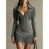Womens Western-Style Fringe Long Sleeve Mini Dress Deep V Neck Zipper Bodycon Party
