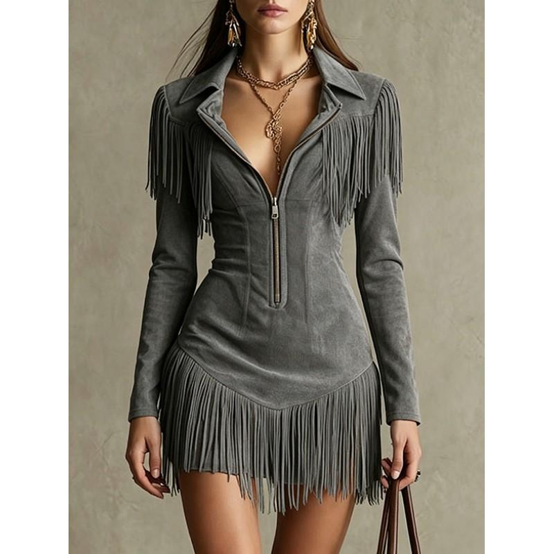 Womens Western-Style Fringe Long Sleeve Mini Dress Deep V Neck Zipper Bodycon Party
