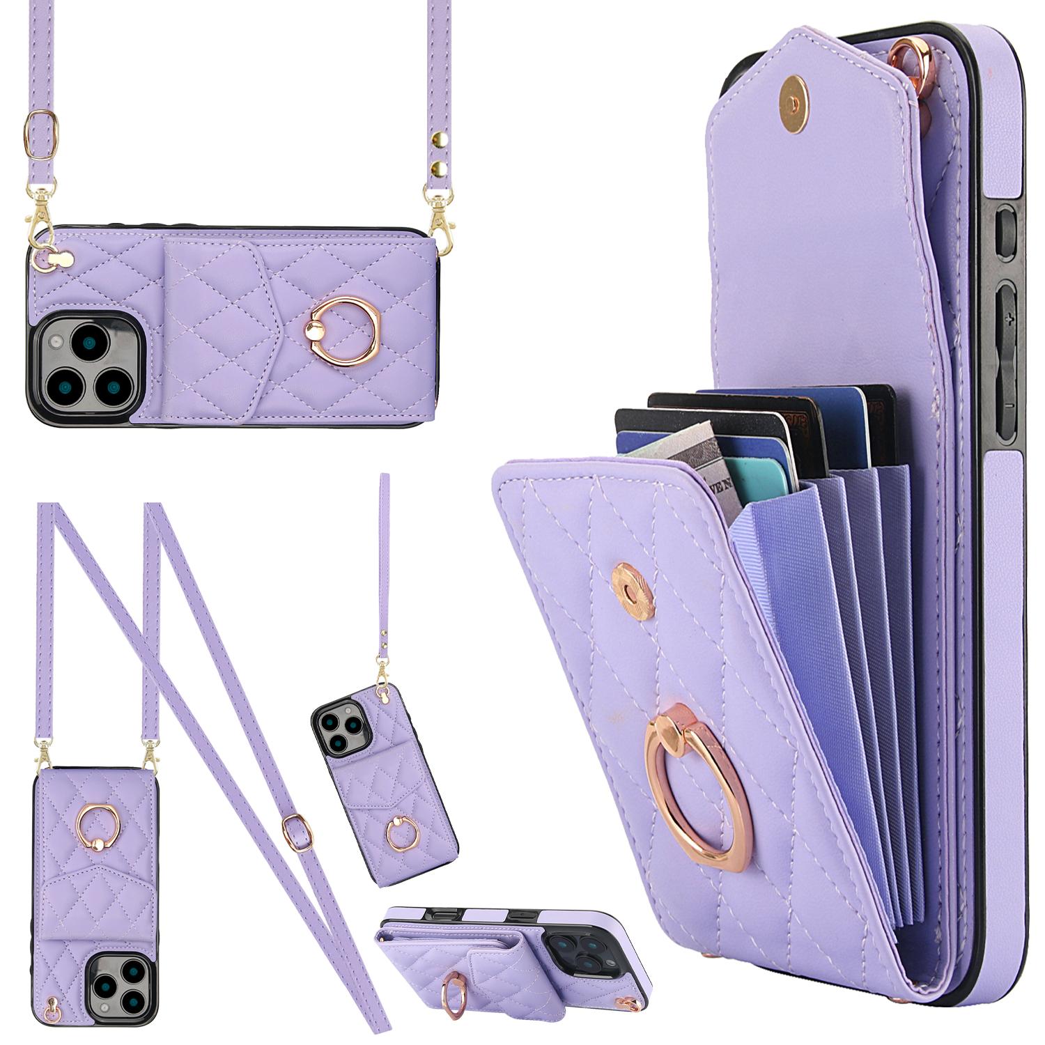 

For iPhone 16 Pro Max Case Card Bag Leather+TPU Crossbody Phone Cover with Ring Kickstand G