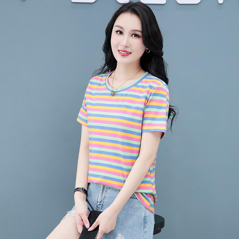 Women's Summer Round Neck Striped Cotton T-Shirt: Colorful, Casual, Loose, Age-Reducing, Slimming Design.