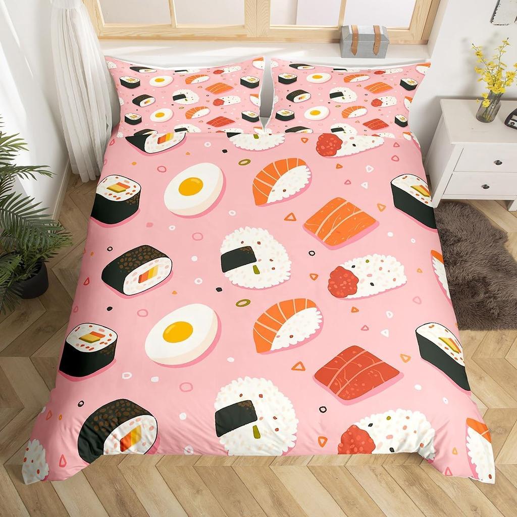 Sushi Duvet Cover Twin Japanese Cherry Blossoms Bedding Set for Girls Boys Room Decor Kawaii Sushi Japan Food Comforter Cover