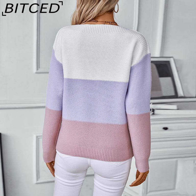 BITCED Colour-Block Off-the-Shoulder Button-Front Pullover Women's Sweater Autumn/Winter Casual Oversized Knitwear