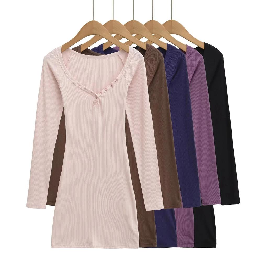 Women's Spicy American Sweetheart Neck Long Sleeve Button Bodycon Dress for Spring/Autumn