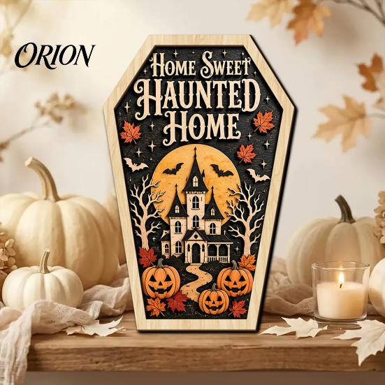 Entrance Door Hanging Signs Vintage Halloween Wooden Decor, Coffin-Shaped Tabletop Ornaments, Freestanding & Decorations for Home Ornament Mantel