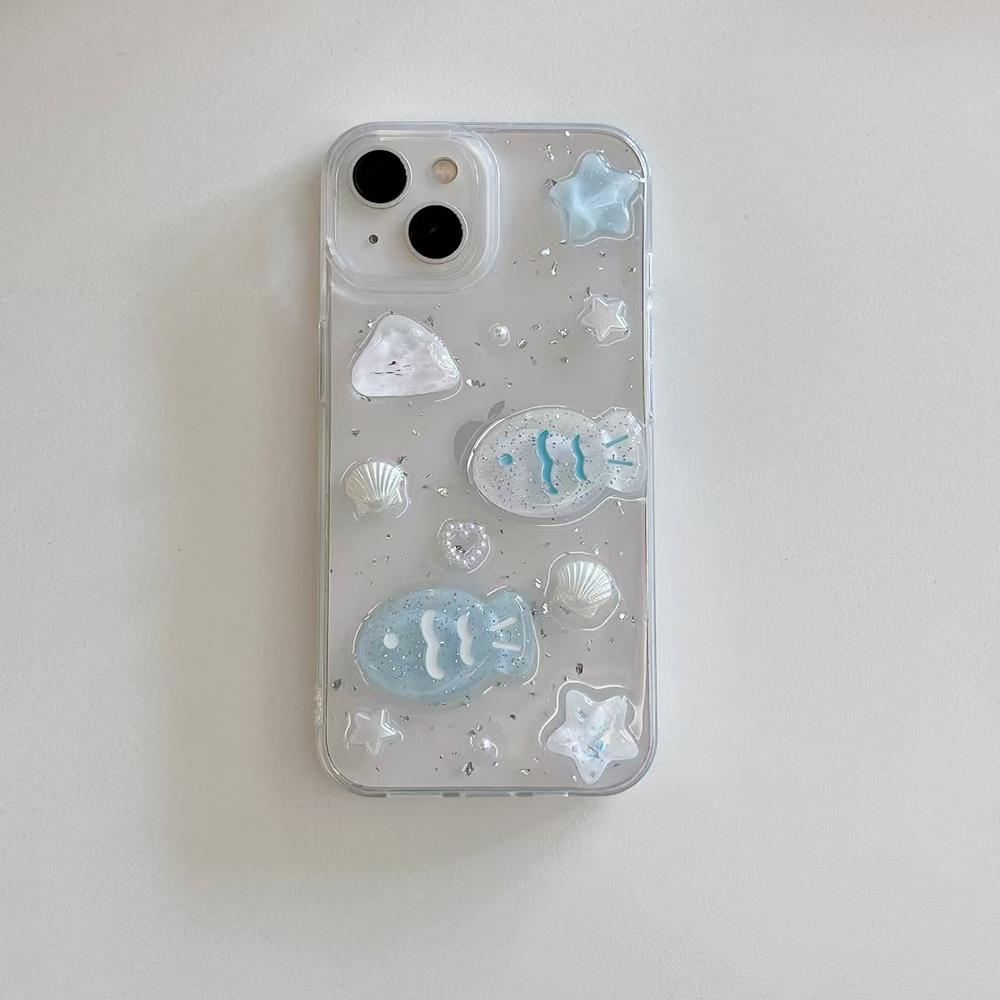 

Cute 3D shell fish Phone Case For iPhone 17 16 15 14 13 12 11 Pro Max Silver foil Transparent Shockproof Soft Silicone Cover iPhone Air