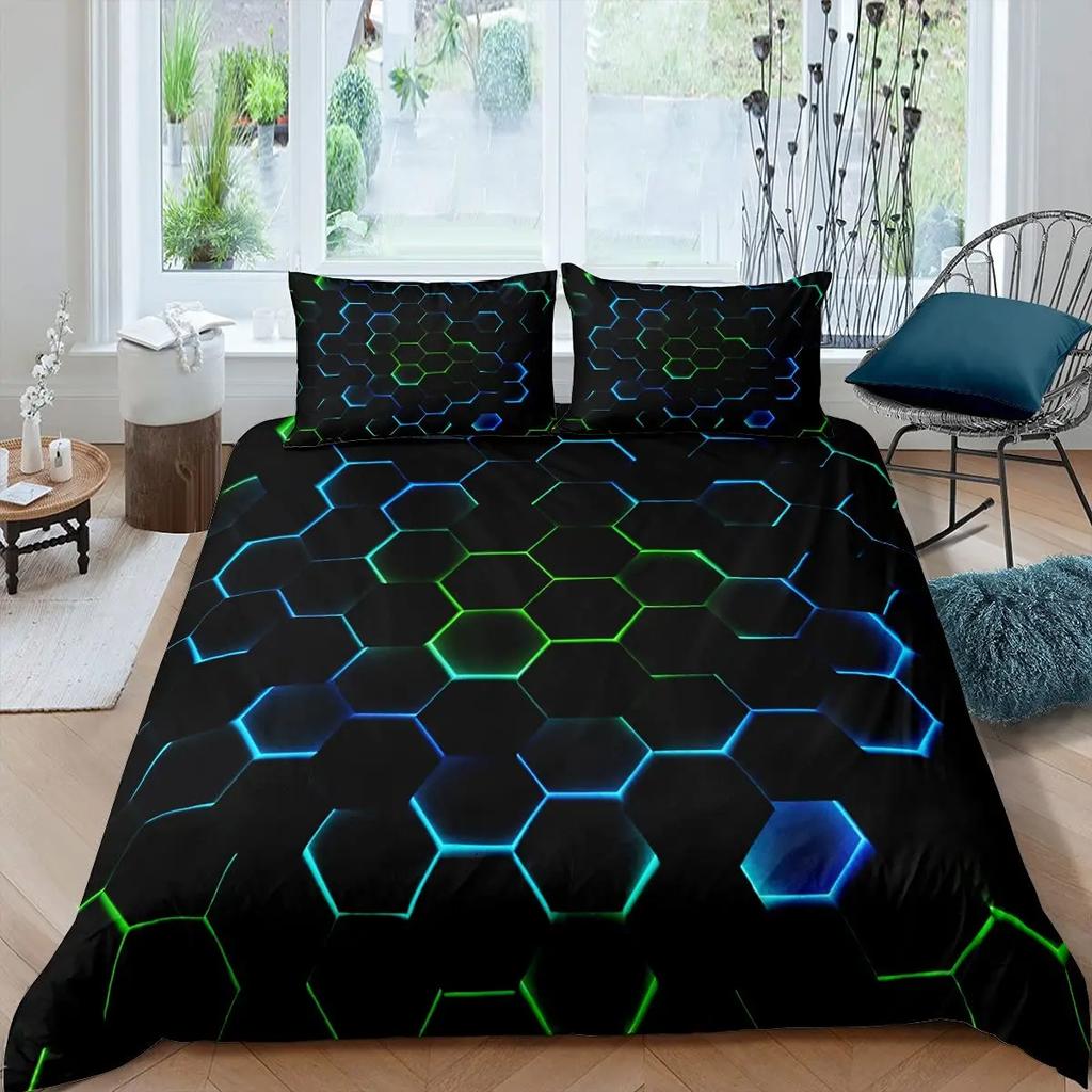 Hexagonal Duvet Cover Set Honeycomb Marble Comforter Cover Set Beehive Hexagon Tie Dye King Size Geometric Diamond Bedding Set