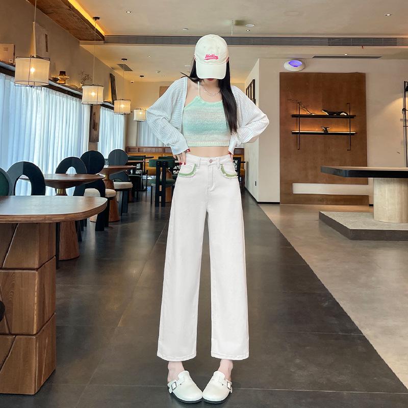 Women's High Waist Pink Wide-Leg Jeans - Spring 2025 Collection, Loose Fit, Petite Cigarette Straight Leg Style