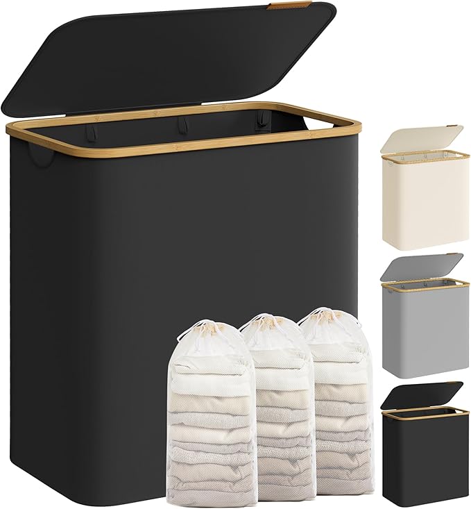 SONGMICS Laundry Basket with Lid, 3-Section Large Laundry Hamper, 150L, Removable Mesh Liner, Oxford Fabric, Bamboo Handles, Collapsible